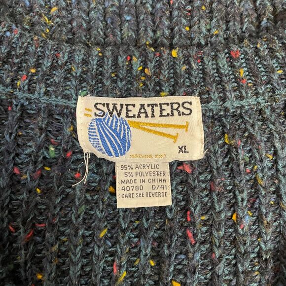 Vintage V Neck Sweater Size XL Blue Pullover Chunky Rib Knit Speckled 80s 90s - Picture 8 of 10